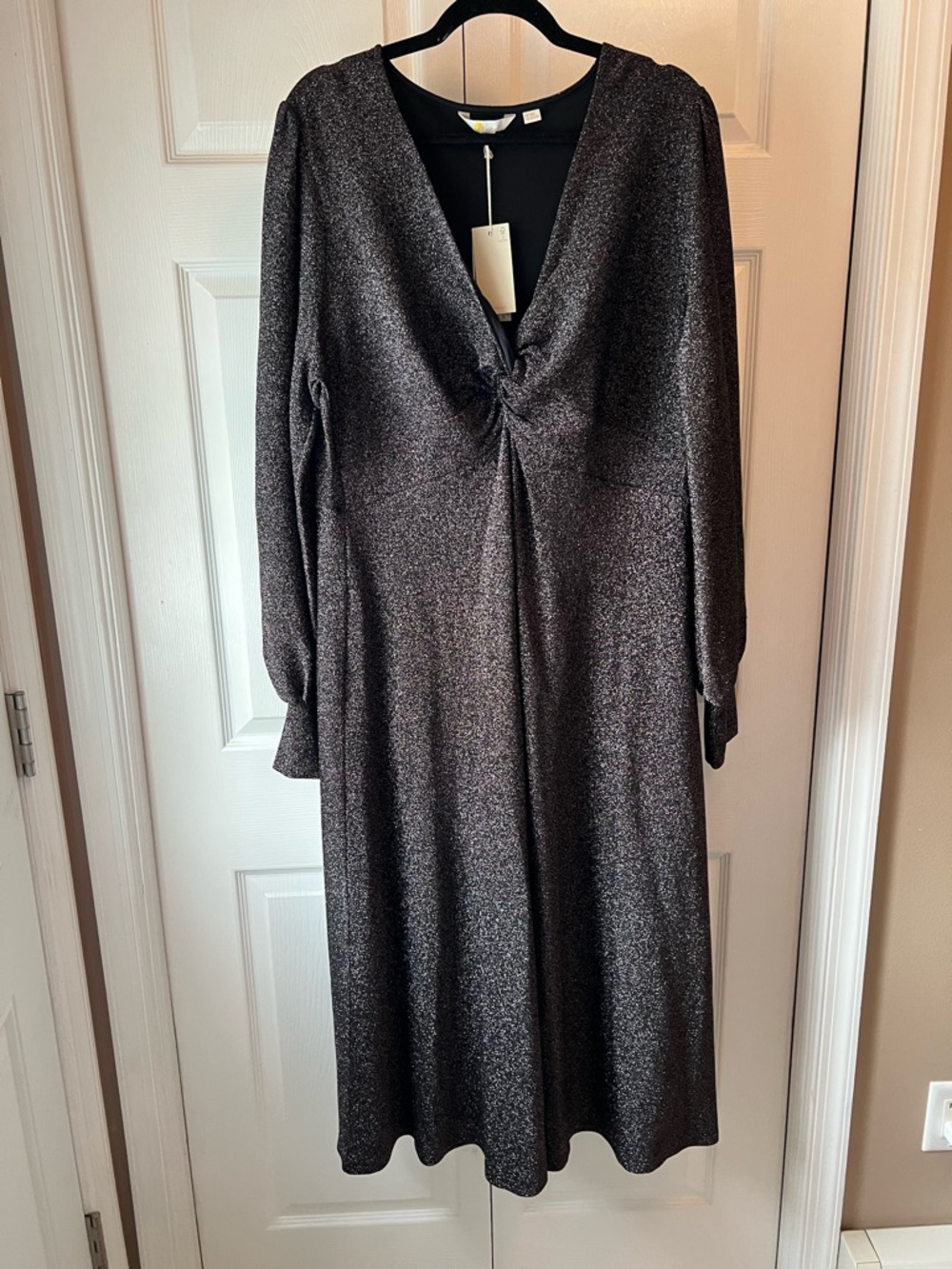 Boden Shimmery Black Long-Sleeve Twist-Front Midi Dress